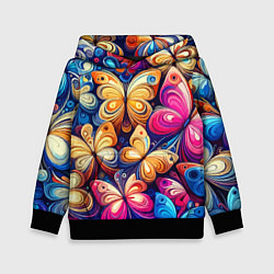 Толстовка-худи детская Разноцветные бабочки - нейросеть, цвет: 3D-черный