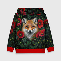 Толстовка-худи детская Лис среди маков, цвет: 3D-красный