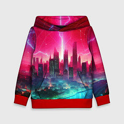 Толстовка-худи детская Неоновая гроза в мегаполисе - удар молнии, цвет: 3D-красный