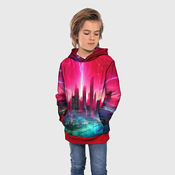 Толстовка-худи детская Неоновая гроза в мегаполисе - удар молнии, цвет: 3D-красный — фото 2