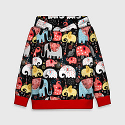 Толстовка-худи детская Цветные слонята паттерн, цвет: 3D-красный