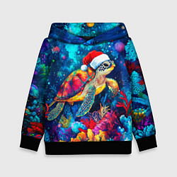 Толстовка-худи детская Морская черепаха в шапке Санты, цвет: 3D-черный