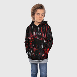 Толстовка-худи детская Бело-красная тревожная абстракция на чёрном фоне, цвет: 3D-меланж — фото 2