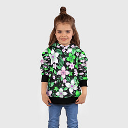 Толстовка-худи детская Зелёно-белые цветы на чёрном фоне, цвет: 3D-черный — фото 2