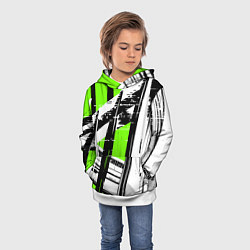 Толстовка-худи детская Чёрно-белые абстрактные линии на зелёном фоне, цвет: 3D-белый — фото 2
