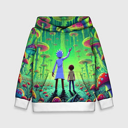Толстовка-худи детская Рик и Морти в лесу гигантских грибов - неоновое св, цвет: 3D-белый