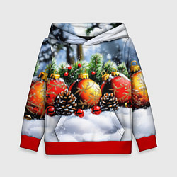 Толстовка-худи детская Красные и желтый новогодние шары, цвет: 3D-красный