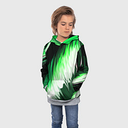 Толстовка-худи детская Зелёно-белая абстракция на чёрном фоне, цвет: 3D-меланж — фото 2