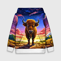 Толстовка-худи детская Буйвол в звездной ночи, цвет: 3D-белый