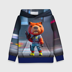 Толстовка-худи детская Крутой капибара с пистолетом - киберпанк фантазия, цвет: 3D-синий