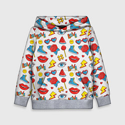 Толстовка-худи детская Паттерн с яркими молодежными стикерами, цвет: 3D-меланж