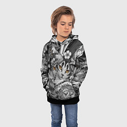 Толстовка-худи детская С котами и рыбой на фоне сакуры в волнах, цвет: 3D-черный — фото 2
