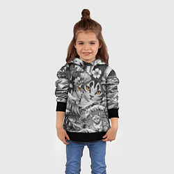 Толстовка-худи детская С котами и рыбой на фоне сакуры в волнах, цвет: 3D-черный — фото 2