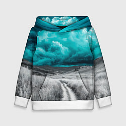 Толстовка-худи детская Монохромное поле и сине-зеленое небо - природный п, цвет: 3D-белый