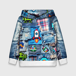 Толстовка-худи детская Пиксельная ракета, цвет: 3D-белый