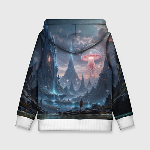 Детская толстовка Фантастический мир с медузами и озеро у гор / 3D-Белый – фото 2