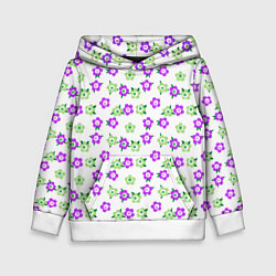 Толстовка-худи детская Зеленые фиолетовые цветы на белом фоне, цвет: 3D-белый
