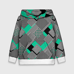 Толстовка-худи детская Черно бирюзовая абстрактная геометрия пэчворк, цвет: 3D-белый