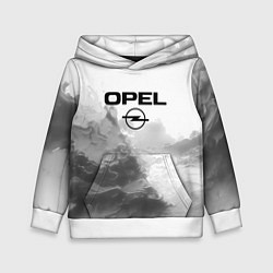 Толстовка-худи детская Opel на сером абстрактном фоне, цвет: 3D-белый