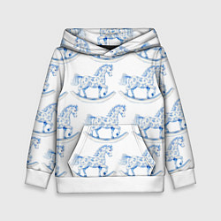 Толстовка-худи детская Лошадка качалка гжель, цвет: 3D-белый