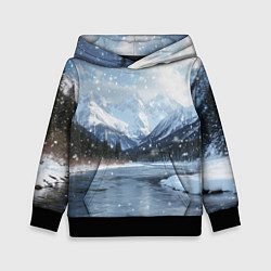Толстовка-худи детская Снежный горный пейзаж с елями и рекой, цвет: 3D-черный
