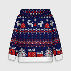 Толстовка-худи детская Новогодний вязаный паттерн, цвет: 3D-белый