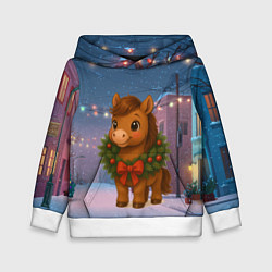 Толстовка-худи детская Лошадка с новогоднем венком 2026, цвет: 3D-белый