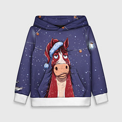 Толстовка-худи детская Новогодняя лошадь символ 2026 года, цвет: 3D-белый