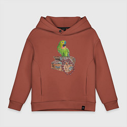 Детское худи оверсайз Зеленый попугай на сундуке с сокровищами