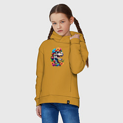 Толстовка оверсайз детская Череп тираннозавра с яркими цветами, мексиканский, цвет: горчичный — фото 2