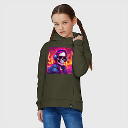 Толстовка оверсайз детская Скелет с неоновыми волосами в очках и наушниках, цвет: хаки — фото 2