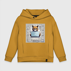 Толстовка оверсайз детская Кот программист за ноутбуком, цвет: горчичный