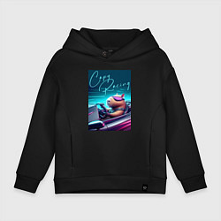 Толстовка оверсайз детская Капибара гонщик - нейросеть, цвет: черный
