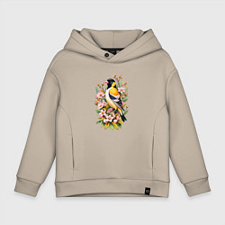 Детское худи оверсайз Черноголовый щегол среди цветов