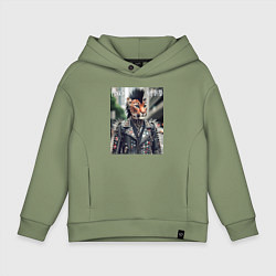 Толстовка оверсайз детская Леопард панк музыкант - нейросеть, цвет: авокадо