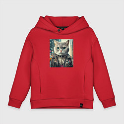 Толстовка оверсайз детская Прикольный котик фанат тяжёлого рока - нейросеть, цвет: красный