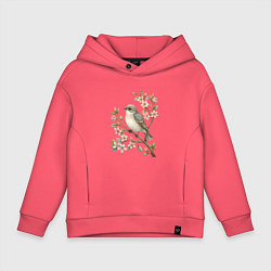 Толстовка оверсайз детская Маленькая птичка на ветке с цветами, цвет: коралловый
