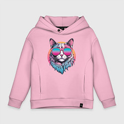 Толстовка оверсайз детская Ретро кот в розовых солнечных очках Vaporwave, цвет: светло-розовый