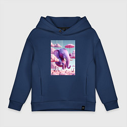 Толстовка оверсайз детская Розовый слон под зонтом в облаках, цвет: тёмно-синий