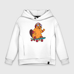 Толстовка оверсайз детская Бобр на скейтборде, цвет: белый