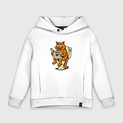 Толстовка оверсайз детская Кот на унитазе читает новости, цвет: белый