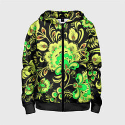 Детская толстовка на молнии Хохлома: черный и салатовый
