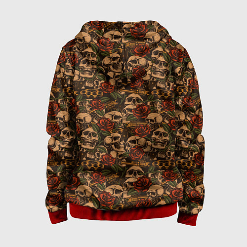 Детская толстовка на молнии Черепа с оружием и розами / 3D-Красный – фото 2