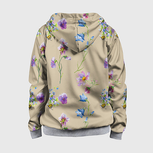 Детская толстовка на молнии Нарисованные Цветы Колокольчики и Пчёлы / 3D-Меланж – фото 2