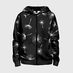 Толстовка на молнии детская Семена одуванчика на чёрном фоне, цвет: 3D-черный