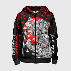 Детская толстовка на молнии Самурай и сакура на черном фоне