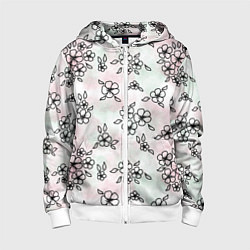 Толстовка на молнии детская Цветы сакуры на акварельном фоне - паттерн, цвет: 3D-белый