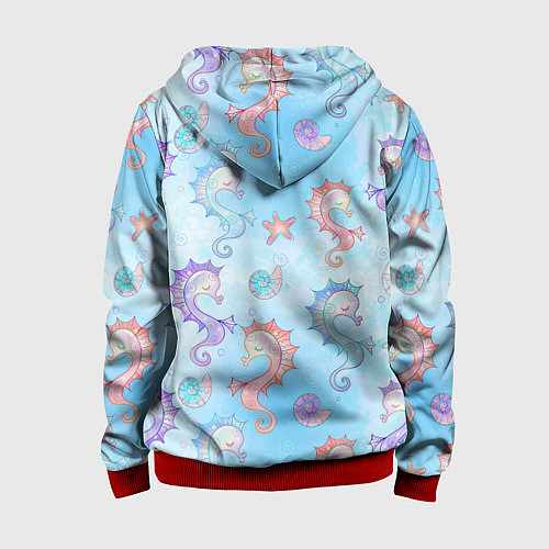 Детская толстовка на молнии Морские коньки - паттерн / 3D-Красный – фото 2