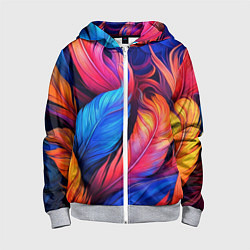 Толстовка на молнии детская Экзотические перья, цвет: 3D-меланж