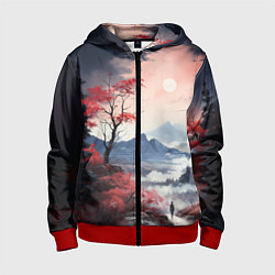 Толстовка на молнии детская Луна над горами, цвет: 3D-красный